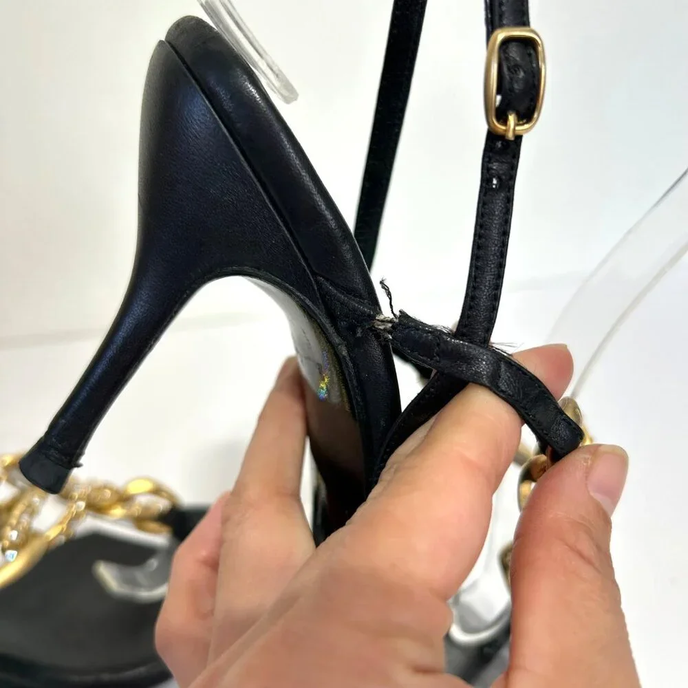 Chanel Sz 36 Black Leather Slingback Heels With Gold Chain Rhinestone Detail